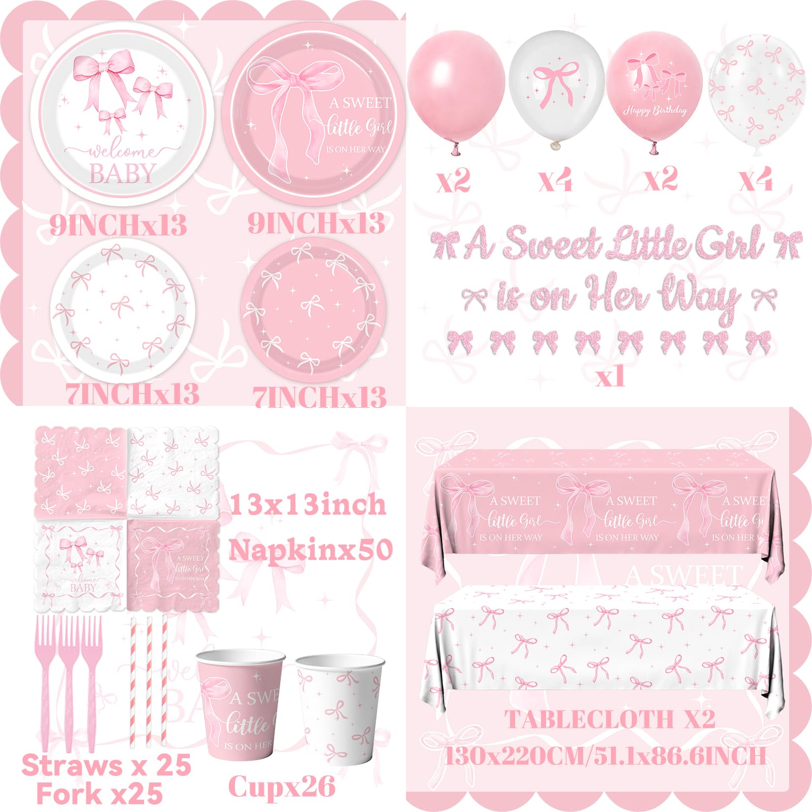 Pink Bow Baby Shower Decorations for Girl - Bow Party Tableware