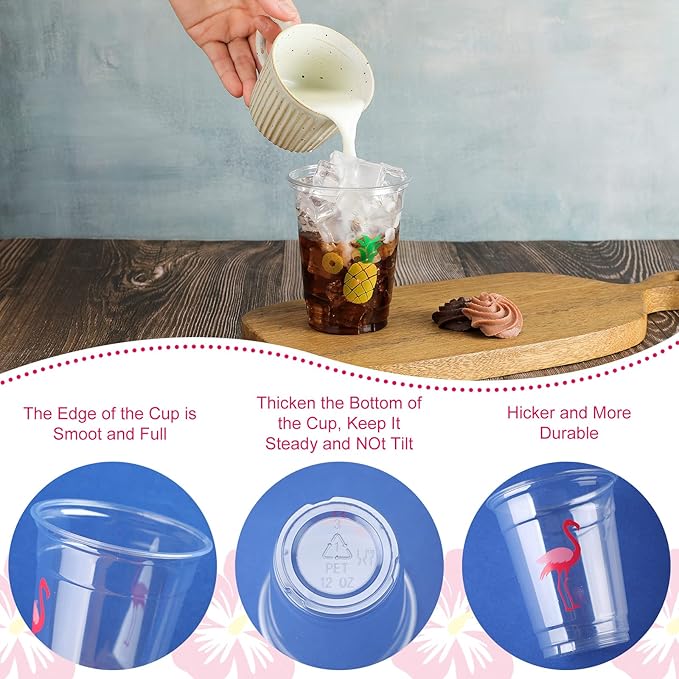 100 Pack 12 oz Clear Disposable Luau Cups Hawaiian Flamingo