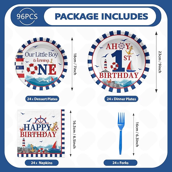 96Pcs Nautical Anchor Party Supplies Navy Anchor 1st Birthday Plates