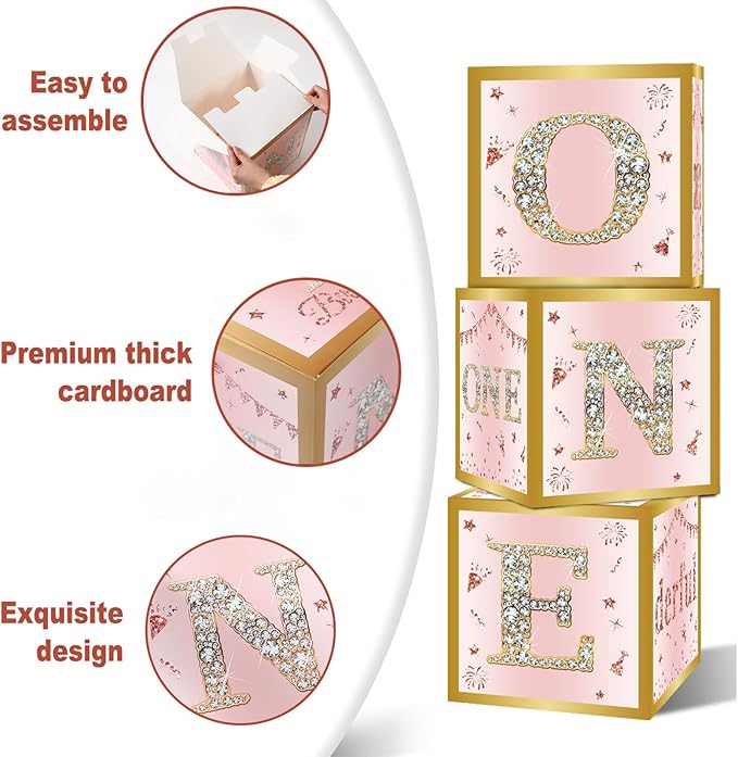 DataMoon 1st Birthday Decorations Boxes for Baby Girl - 3PCS Pink