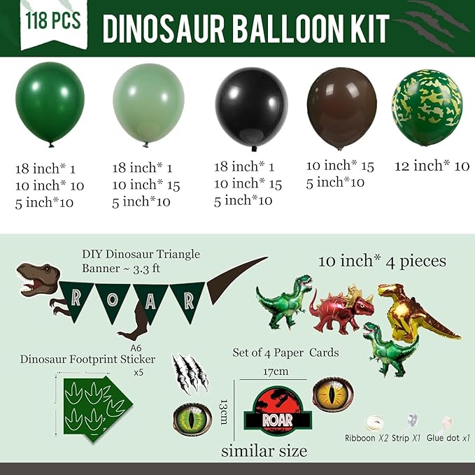 Dinosaur Birthday Party Decorations Includes Green and Brown balloon