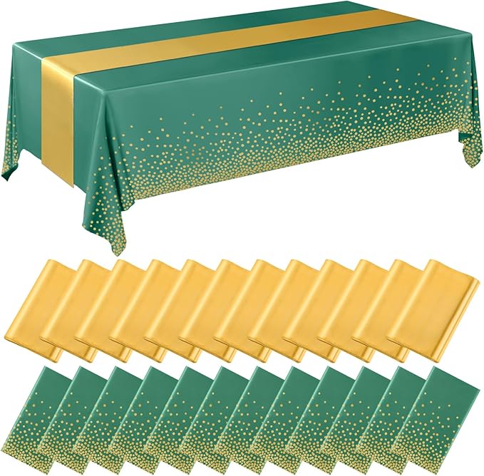 Breling 24 Pack Green and Gold Disposable Plastic Tablecloths and