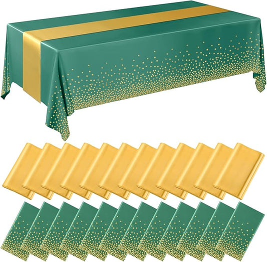Breling 24 Pack Green and Gold Disposable Plastic Tablecloths and