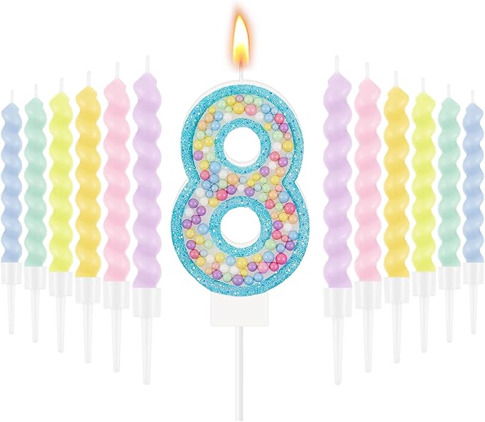 MTLEE Number 8 Birthday Candle with 12 Pcs Spiral Candles for Girls #3