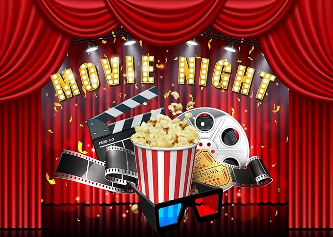 Movie Night Backdrop Fabric 10x6.5ft Cinema Popcorn Light Movie