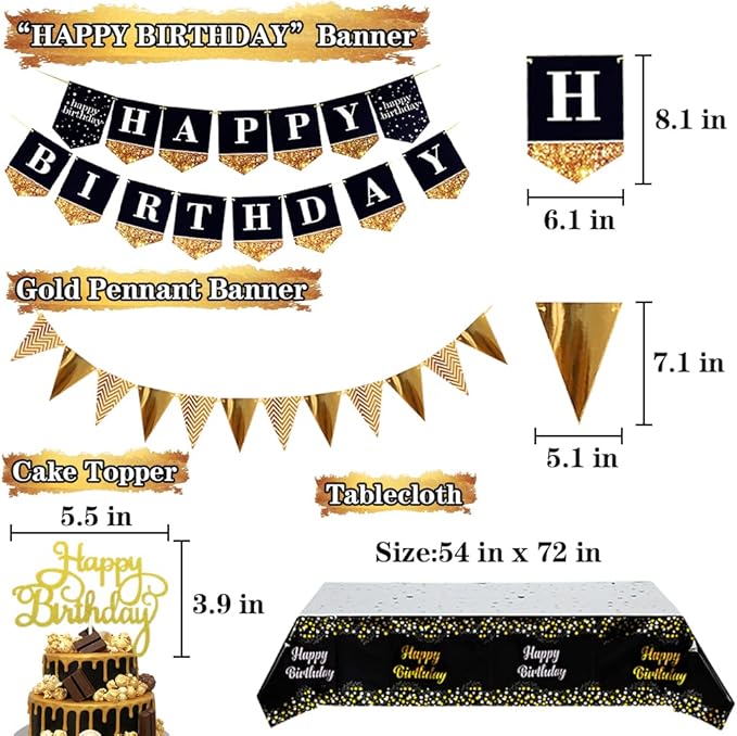 Black & Gold Party Decorations Happy Birthday Banner Balloons