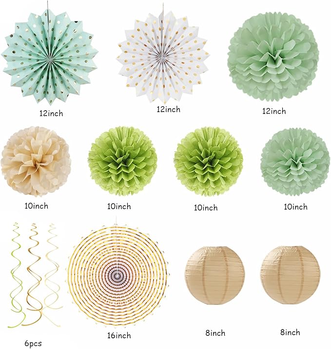 Sage Olive Green Gold Brown Boho Party Decorations 33pcs Paper
