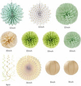 Sage Olive Green Gold Brown Boho Party Decorations 33pcs Paper