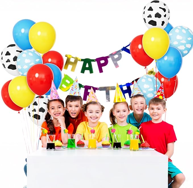 68Pcs Red Yellow Blue Toy Balloons 12 Inch Light Blue Cloud Cow Print
