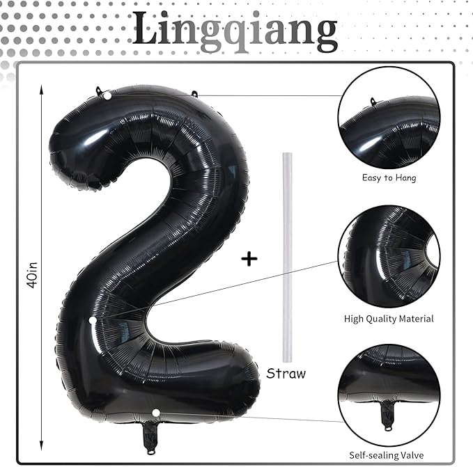 Black Foil Balloon Number 2, 40'' Giant Self Inflating Number