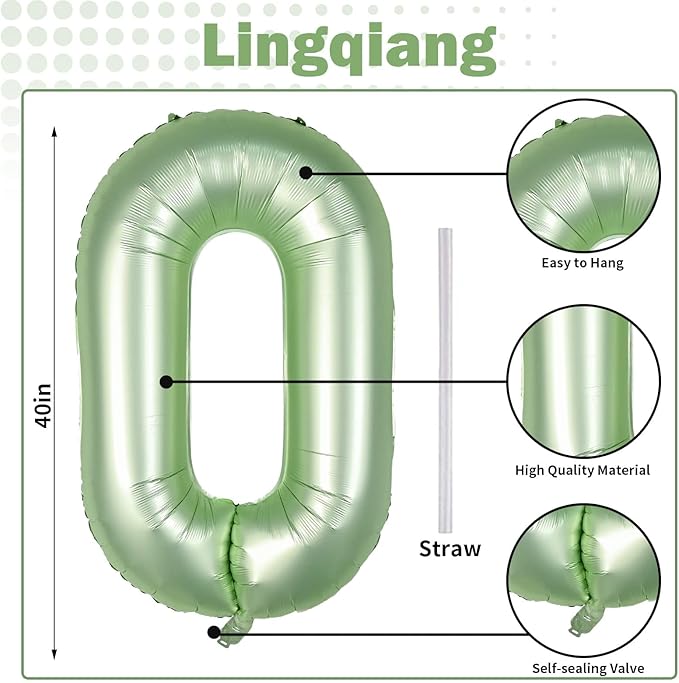 40 Inch Balloon Number 0 Sage Green, Large Foil Olive Green Number