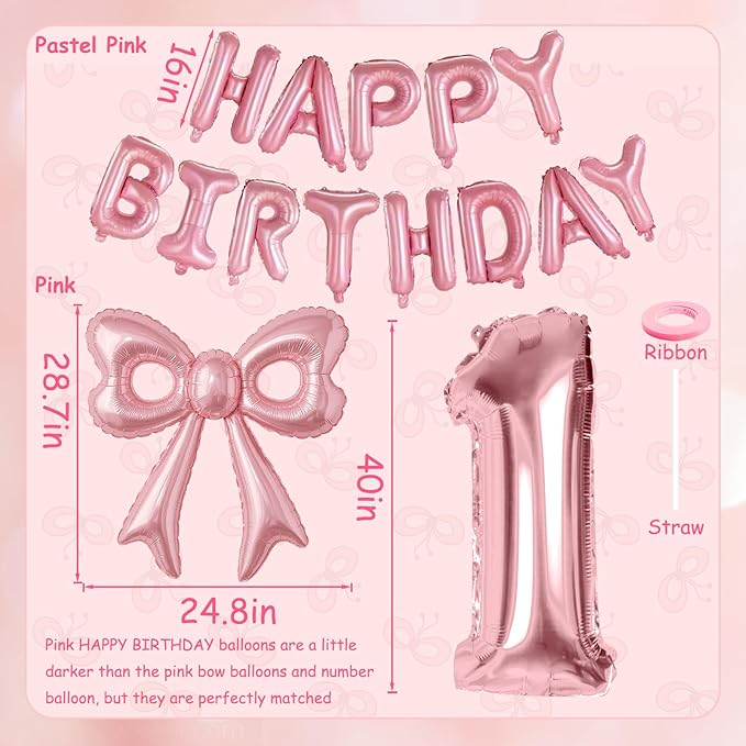 Pink Bow Happy Birthday Balloons, 40” Aluminum Foil Number 1 Balloon