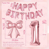 Pink Bow Happy Birthday Balloons, 40” Aluminum Foil Number 1 Balloon