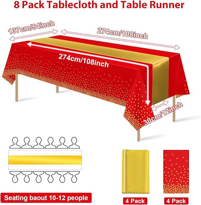 8Pack Disposable Plastic Party Tablecloths and Satin Table Runner Set