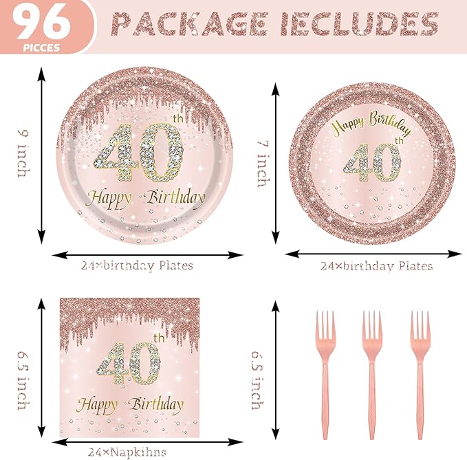 24 Sets 40th Rose Gold Birthday Party Decrations for Women 40