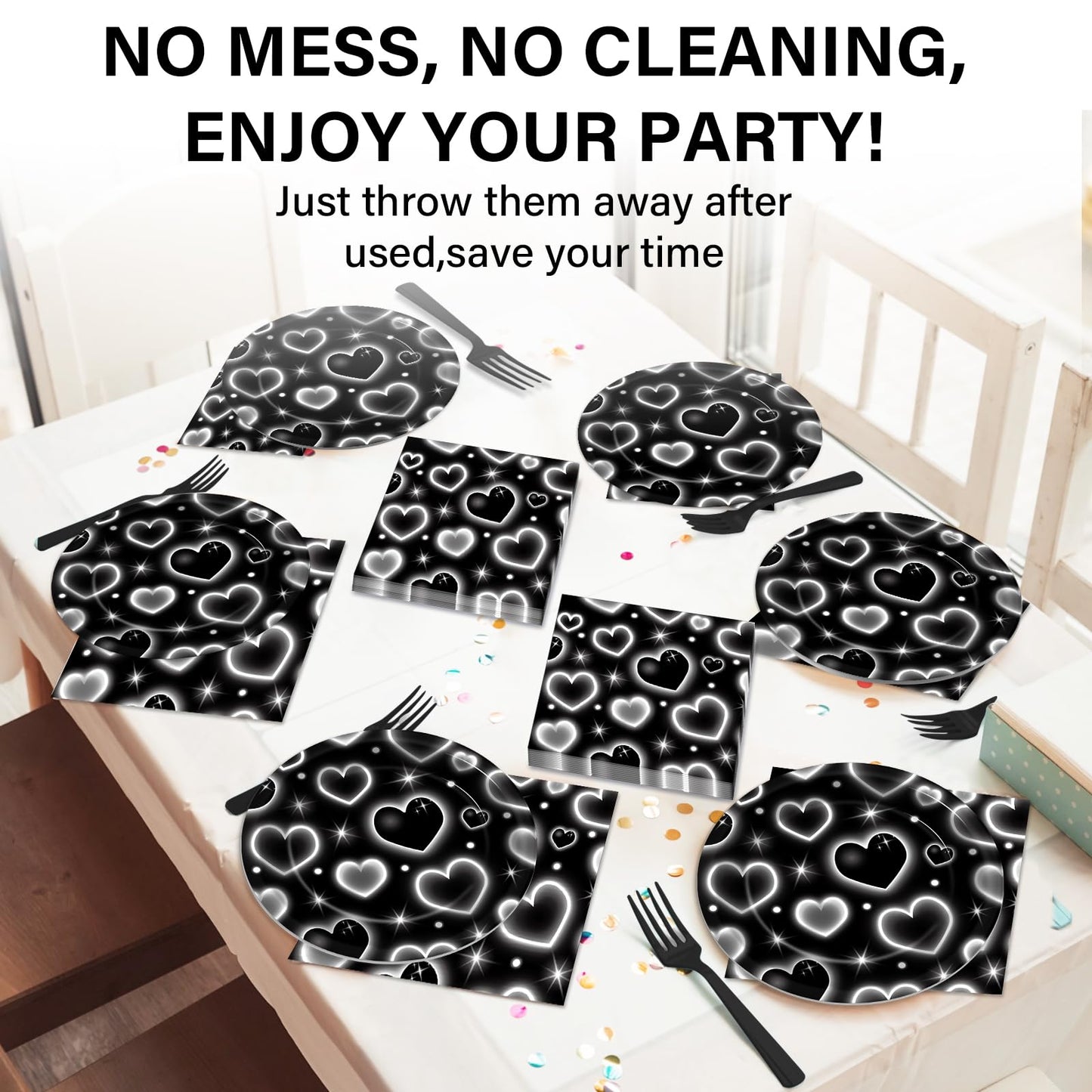 Qyeahkj 100 Pcs 2000s Party Plates Napkins Forks Set Black Heart