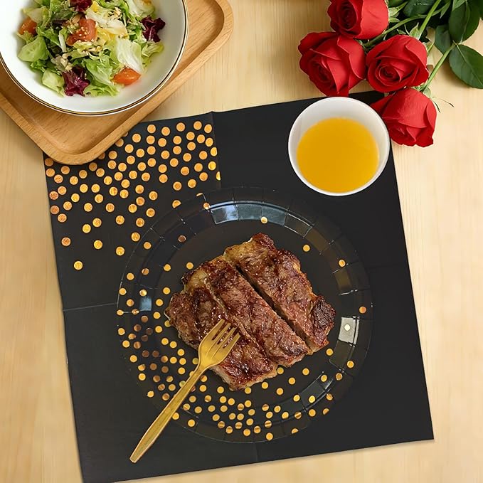 Black and Gold Party Supplies Includes 9" Paper Plates and Napkins