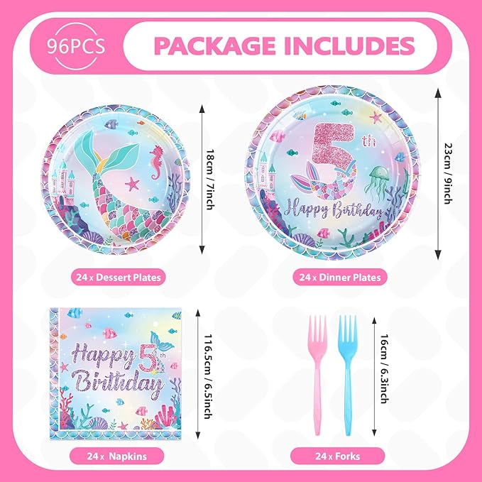 96Pcs Mermaid 5th Birthday Party Decorations Dive Into Five Party