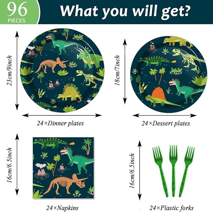96PCS Dinosaur Tableware Set Fossil Dinosaur World Dinnerware