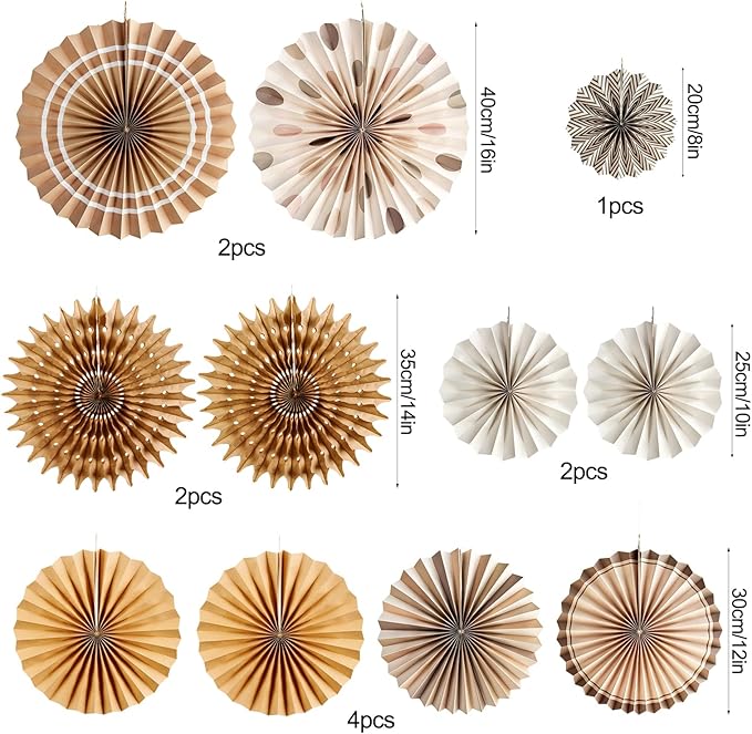 SUNBEAUTY 11 PCS Paper Fans Decorations Brown Party Decorations