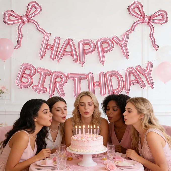 Pink Bow Happy Birthday Balloons Banner, 22 Inch Pearl Pink Bow Foil