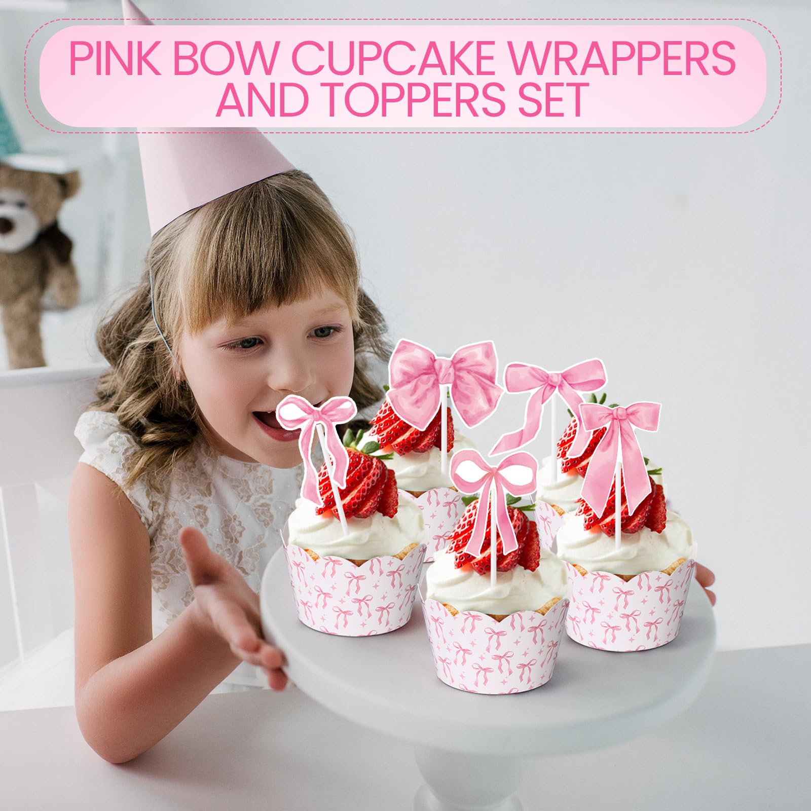 Widecook 96 Pcs Pink Bow Cupcake Toppers and Wrappers Coquette Bow