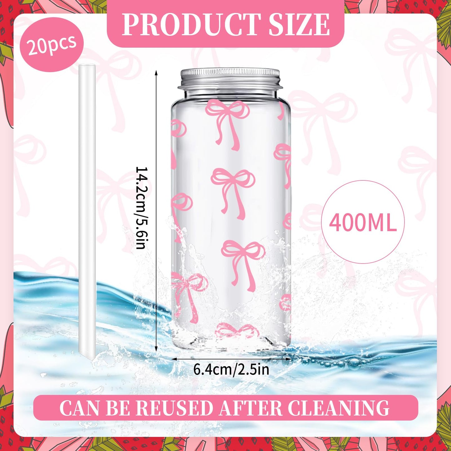Whaline 20Pcs Pink Bow Plastic Cups with Lids and Straws Clear