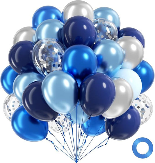 60pcs Blue and Silver Balloons 12inch with Navy Blue Pastel Blue