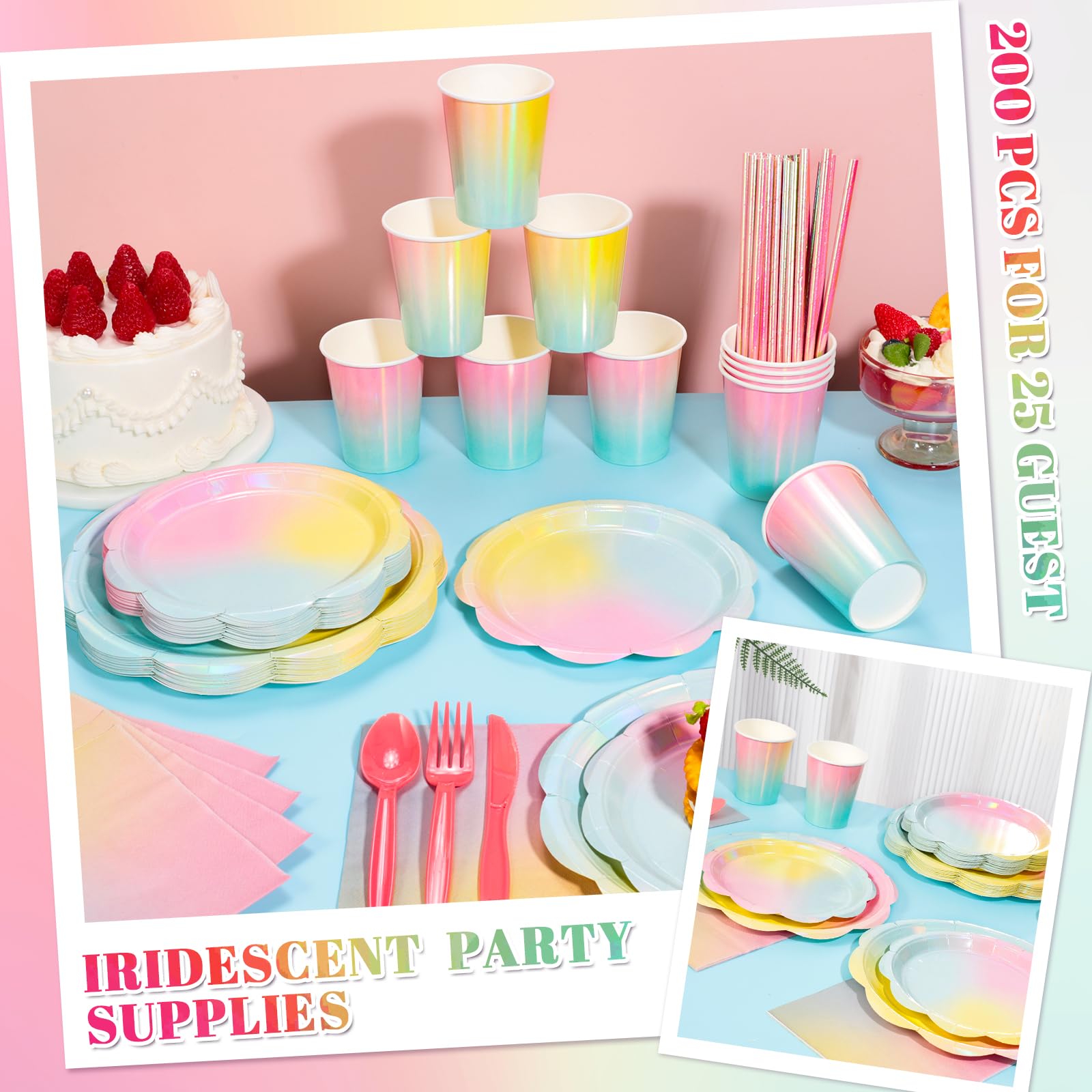 NatNarr 200 Pcs Iridescent Pastel Party Supplies Decorations, 25 Guest