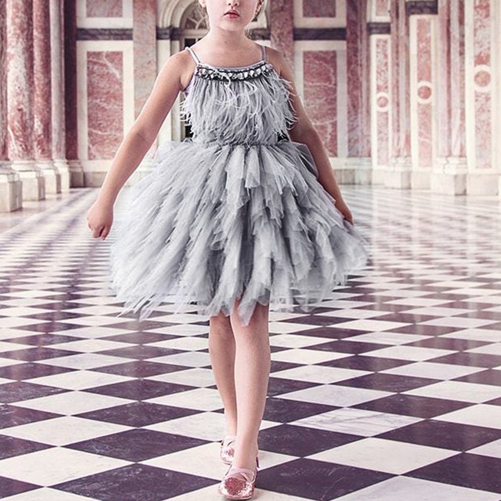 Kids Girls Spaghetti Strap Lace Feather Fringes Tutu Tulle Swan