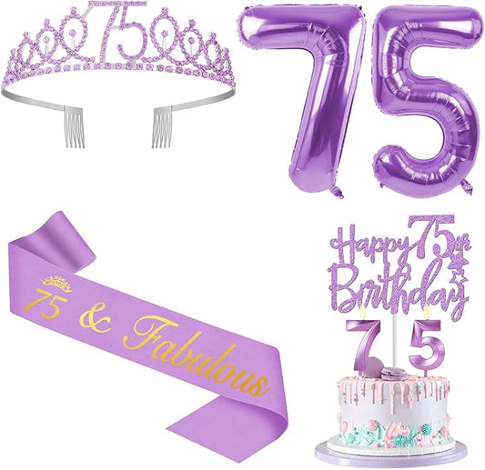 75th Birthday Decorations for Women Purple with 75th Birthday Sash