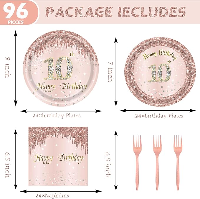 24 Sets 10th Rose Gold Birthday Party Decrations for Girls 10