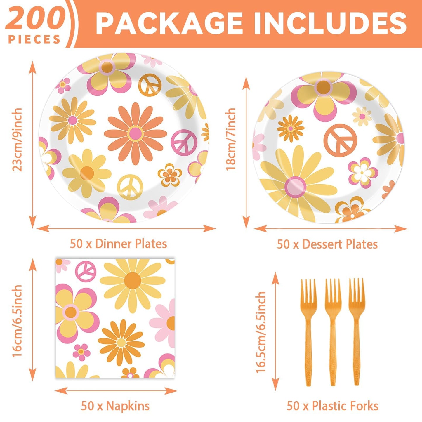 ZOIIWA 200 PCS Groovy Birthday Tableware Disposable Hippie Daisy