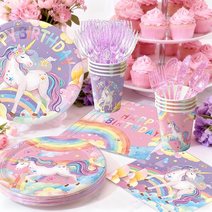 Unicorn Birthday Decorations Plates Napkins Cups Cutlery Hanging