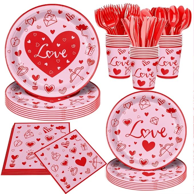 140Pcs Red Valentine's Day Party Decorations Envelope Heart Plates