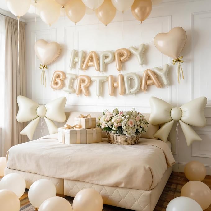 Beige Happy Birthday Balloon Banner, 38Inch Bow Aluminum Foil
