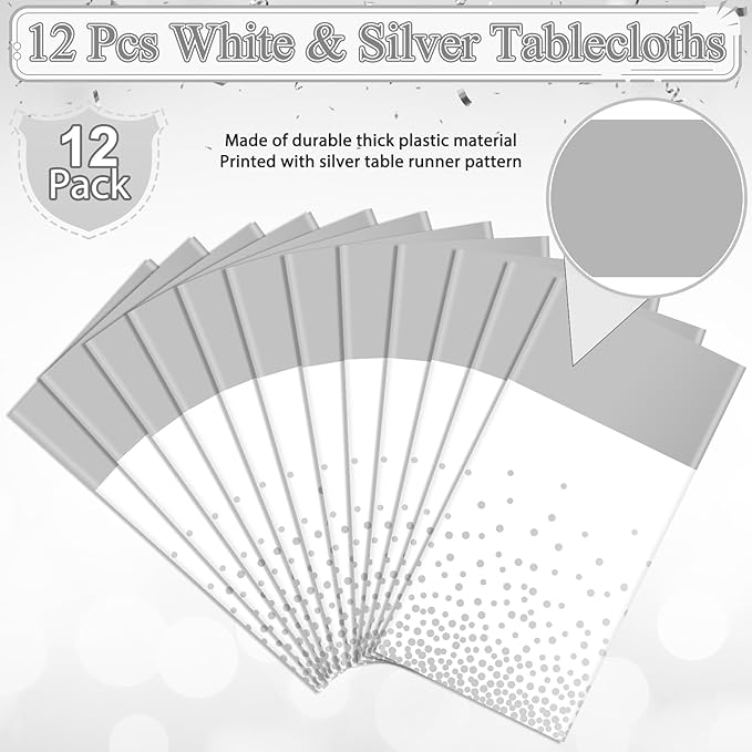 MASHAN 12Pcs White Silver Tablecloth Party Decorations,Plastic White