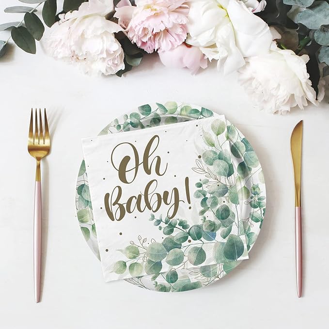 Sage Greenery Baby Shower Party Supplies Disposable Paper Plates