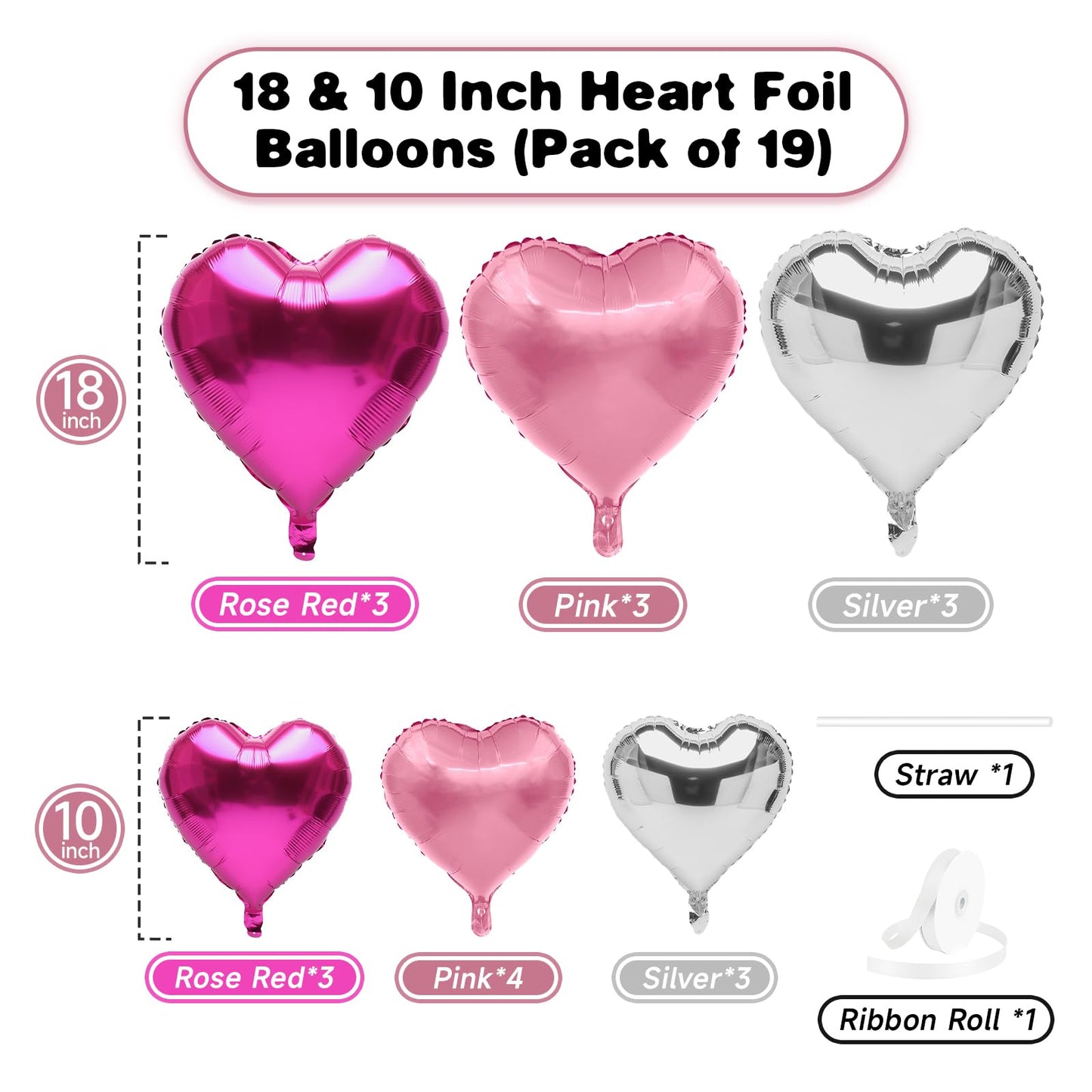 Hot Pink Silver Heart Balloons, 19PCS Light Pink Heart Shape Balloon
