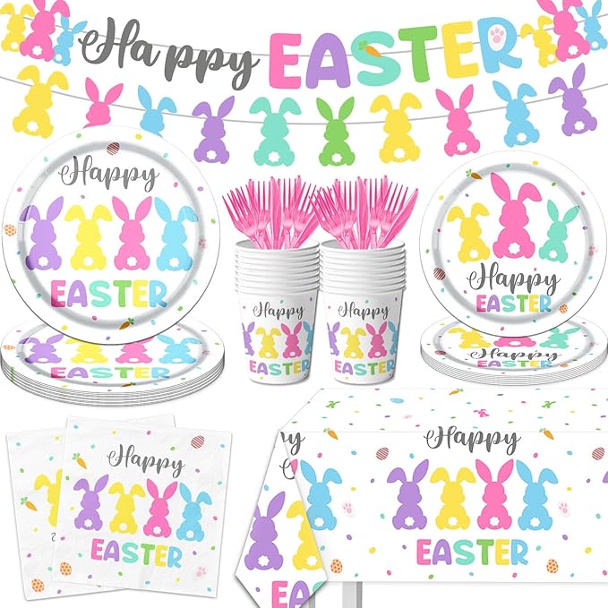 Easter Party Tableware 142pcs Bunny Easter Paper Plates and Napkins