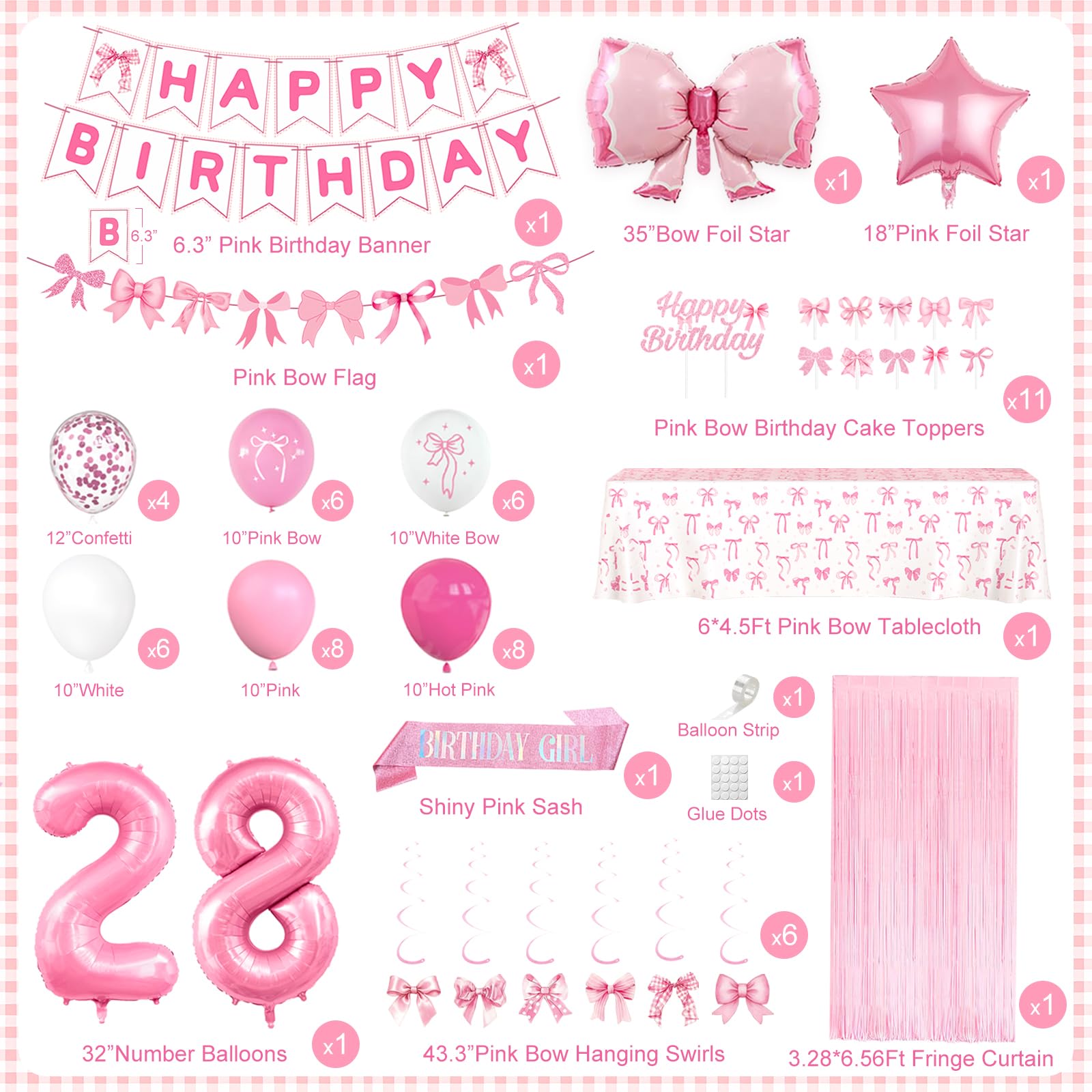 28th Pink Birthday Decorations for Women, Pink Bow Coquette Birthday