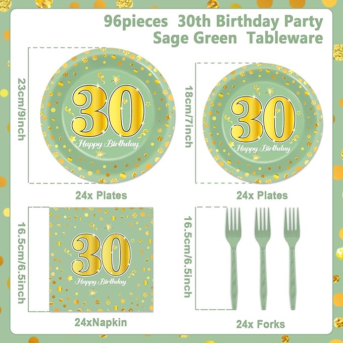 96Pcs Green Gold 30th Birthday Party Plates and Napkins for Women