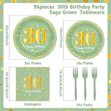96Pcs Green Gold 30th Birthday Party Plates and Napkins for Women
