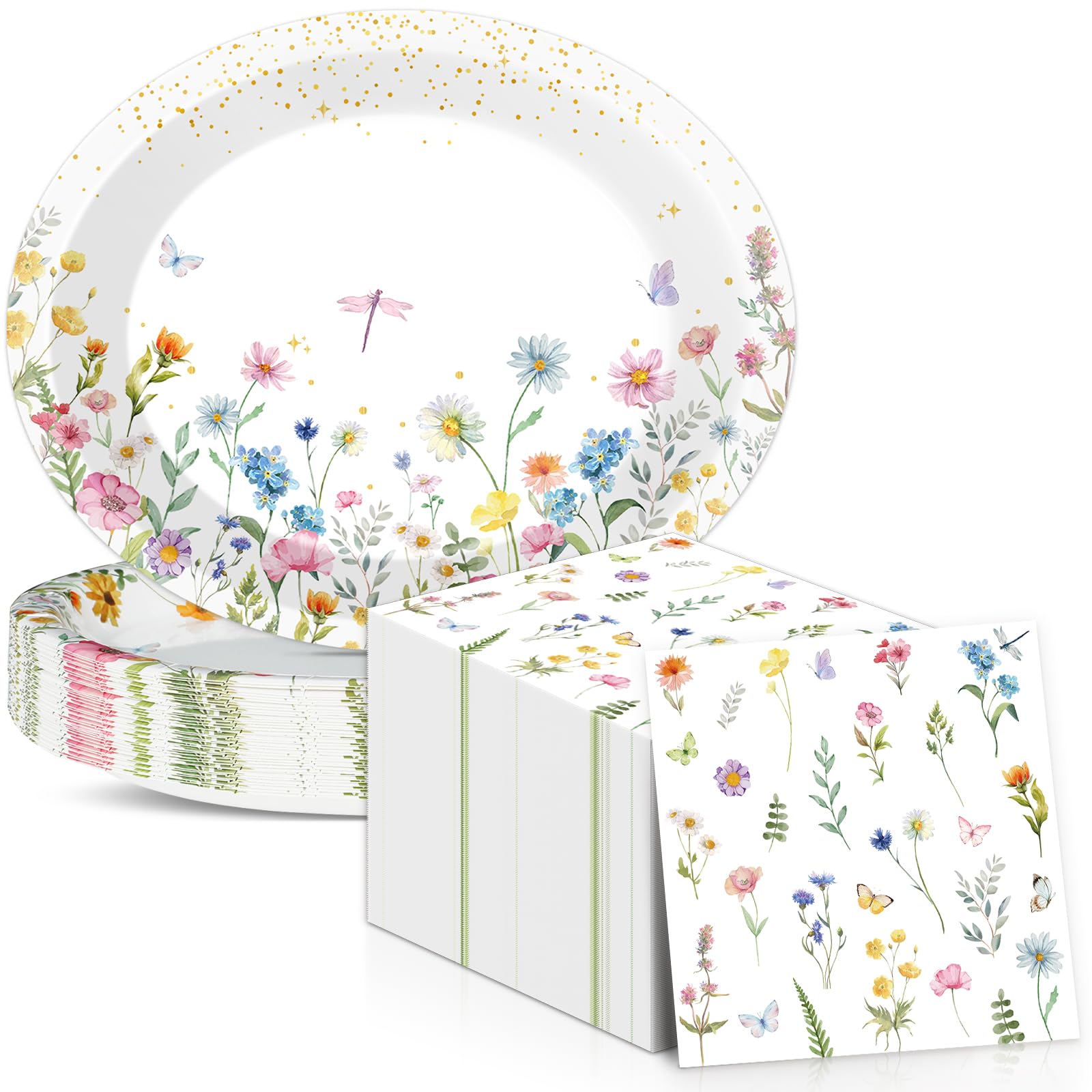 QOUBAI Wildflower Oval Plates and Napkins Floral Paper Platters