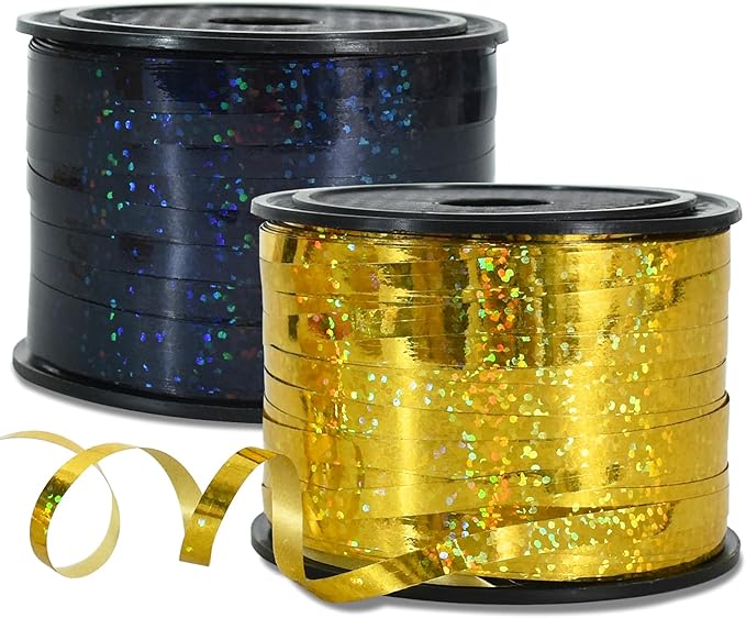 BEISHIDA 2 Pack 100 Yards Black Gold Curling Crimped Glitter Ribbon