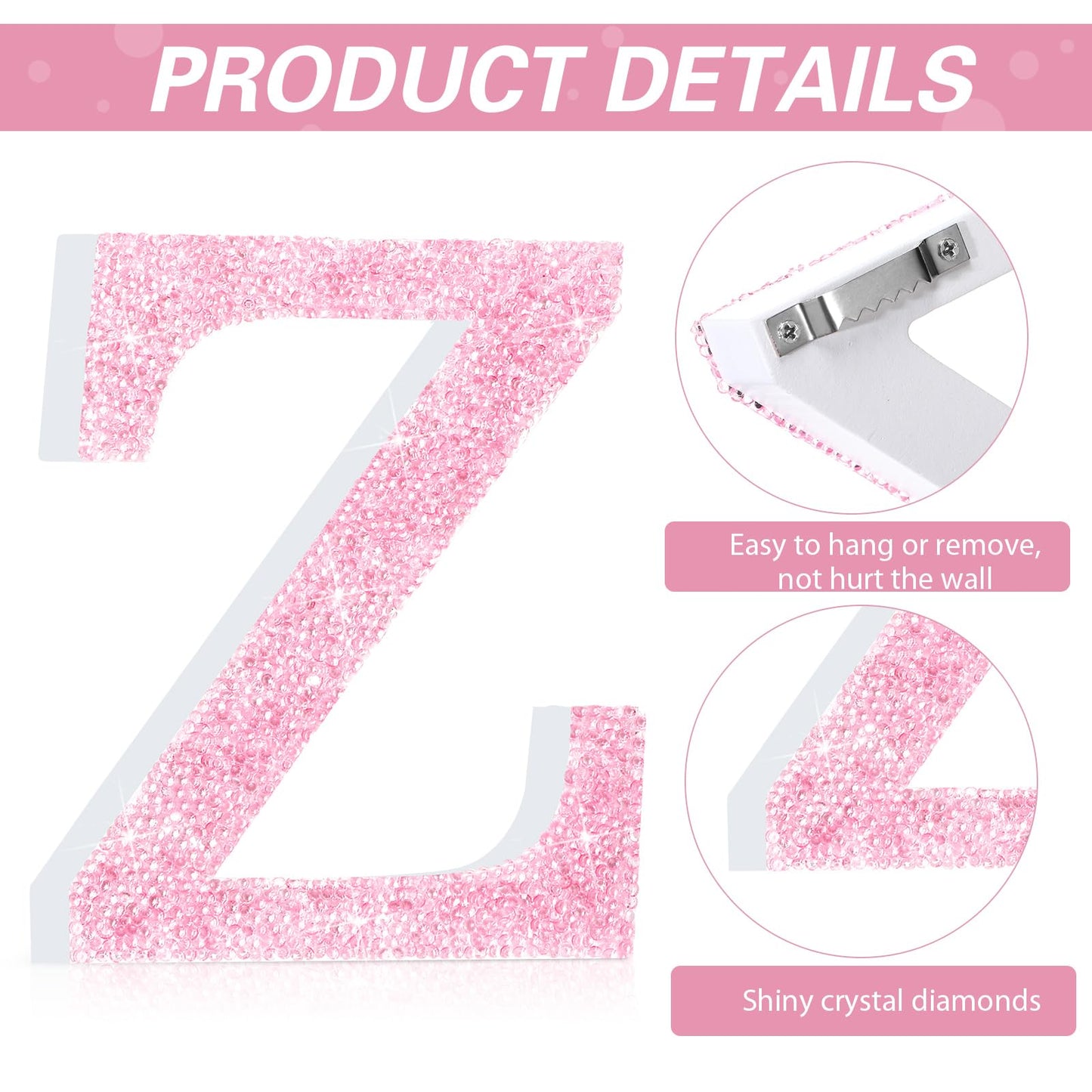 Qunclay Pink Crystal Diamond Letter Wall Decor, Glitter Wooden Bling