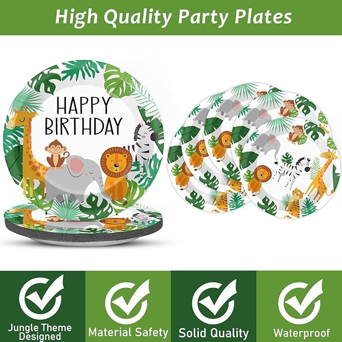 96PCS Jungle Birthday Party Plates and Napkins Safari Animals