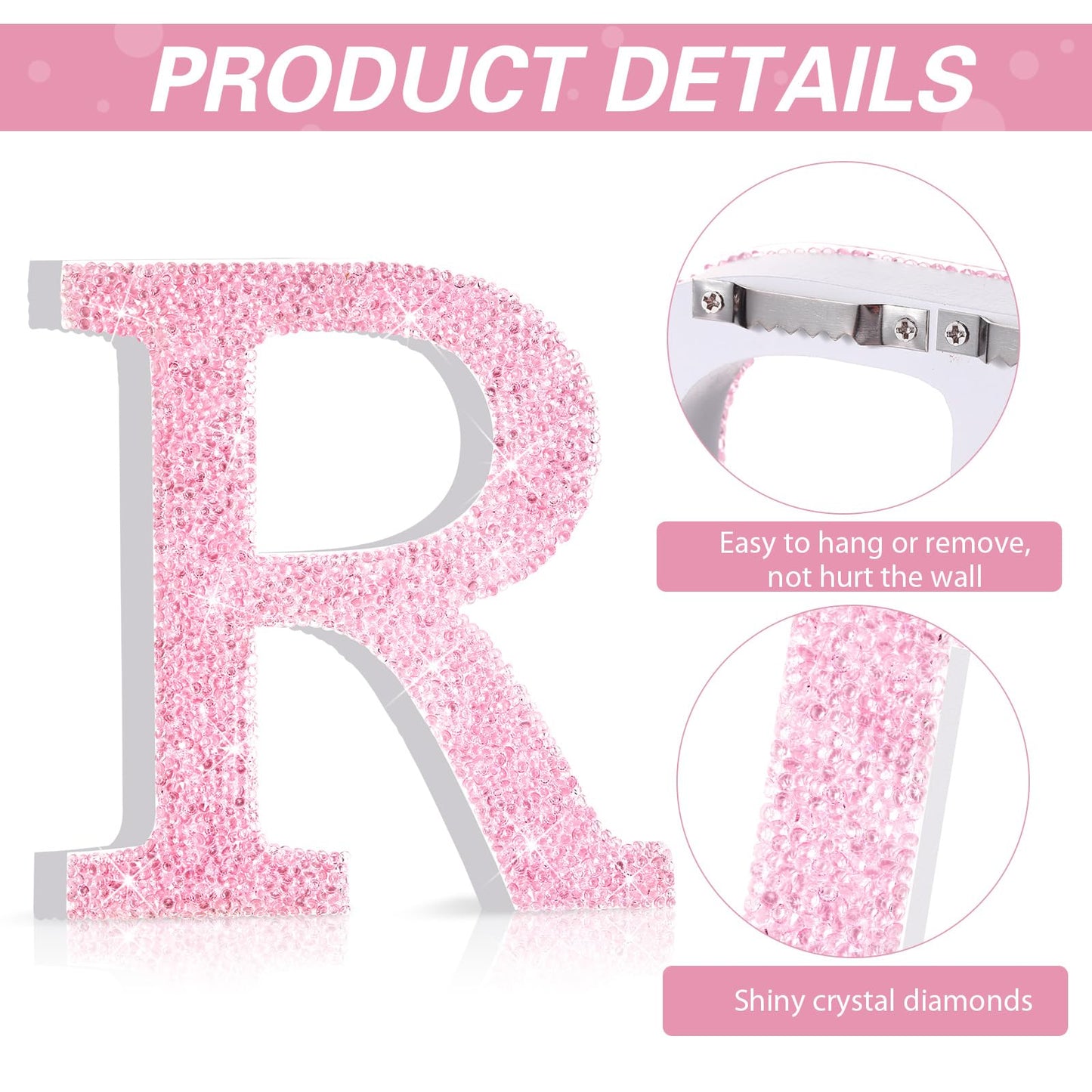 Qunclay Pink Crystal Diamond Letter Wall Decor, Glitter Wooden Bling