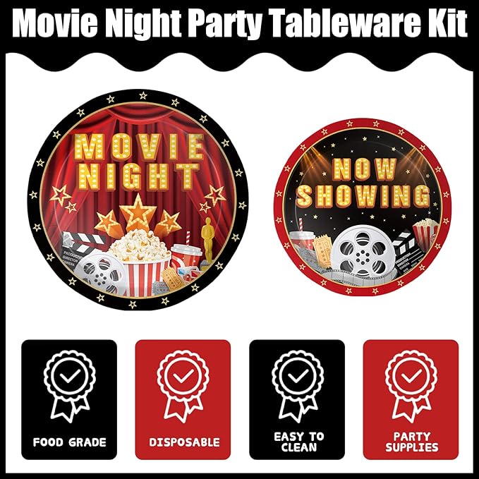 170pcs Movie Night Party Supplies Now Showing Paper Plates Napkins