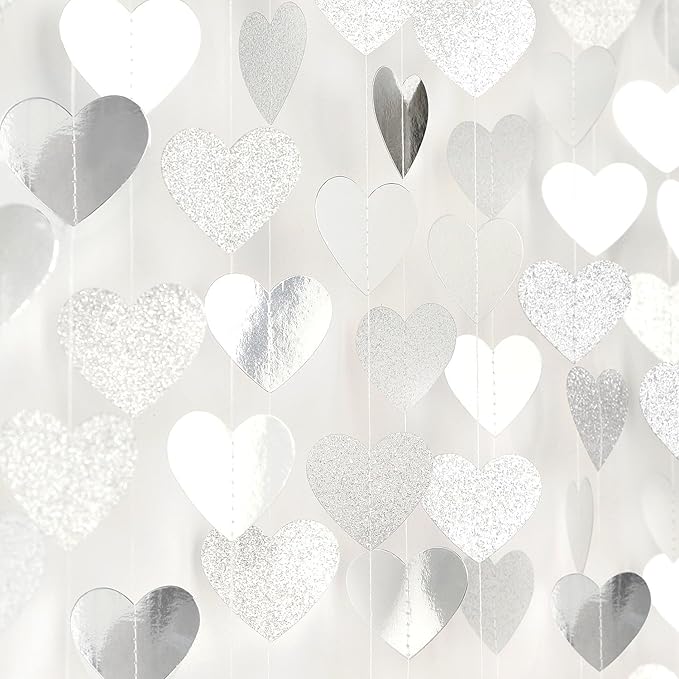 White -Silver Disco Party-Decoration Heart Garland - 52ft Birthday